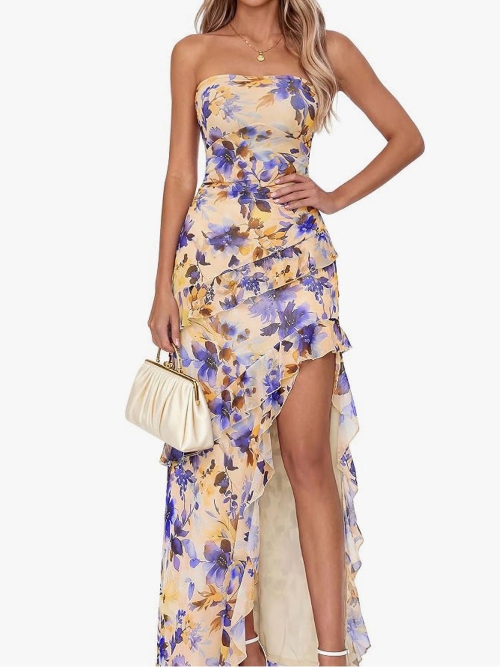 Strapless Yellow Floral High-Low Ruffle Dress - Picture 1 of 2